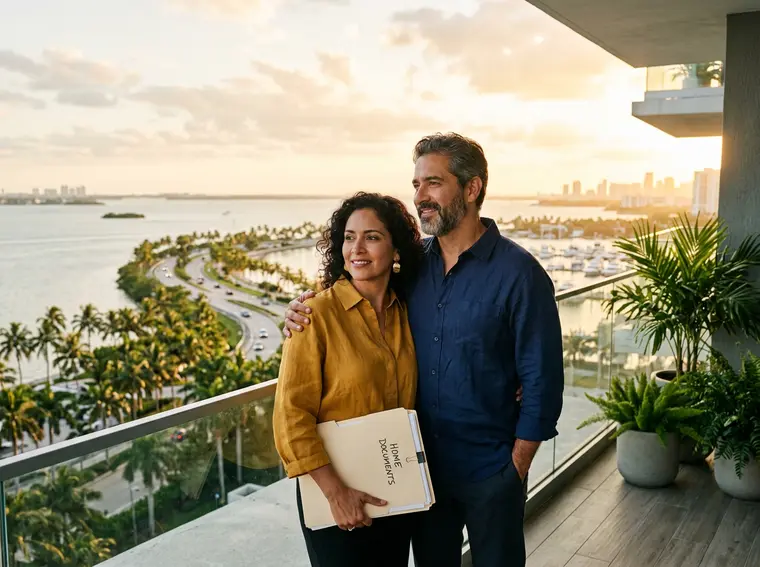 Pareja en un balcón con vista a Miami